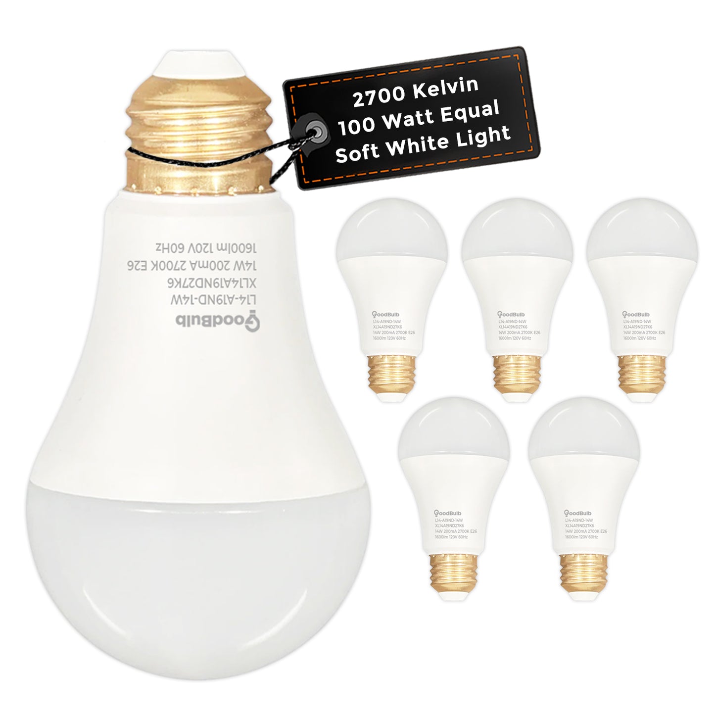 100 WATT REPLACEMENT ā 14 WATT ROUGH SERVICE LED A19 ā WARM INCANDESCENT SPARKLE ā 1600 LUMENS ā 2700 KELVIN ā NON DIMMABLE - 25,000 HOURS - 5 YEAR WARRANTY