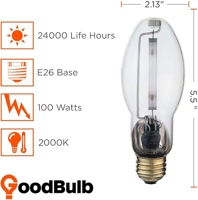 100-Watt High Pressure Sodium HID Light Bulb - E26 Medium Base - Clear - 2000K Warm Yellow Light - 9500 Lumens - 24,000 Hours