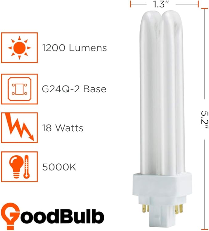 18 Watt CFL Light Bulbs - 4 Pin G24Q-2 Base - 2700K Incandescent Glow - 18W 1200 Lumens - Double Tube Compact Fluorescent Light Bulbs Plug-in