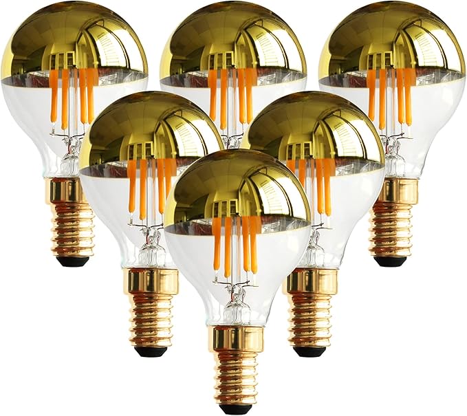 G45 4-Watt Vintage LED Filament Light Bulb – 2700K Warm White Golden Mirror Top – E12 Candelabra Base – 40W Equivalent – Non-Dimmable – 25,000 Hour Life