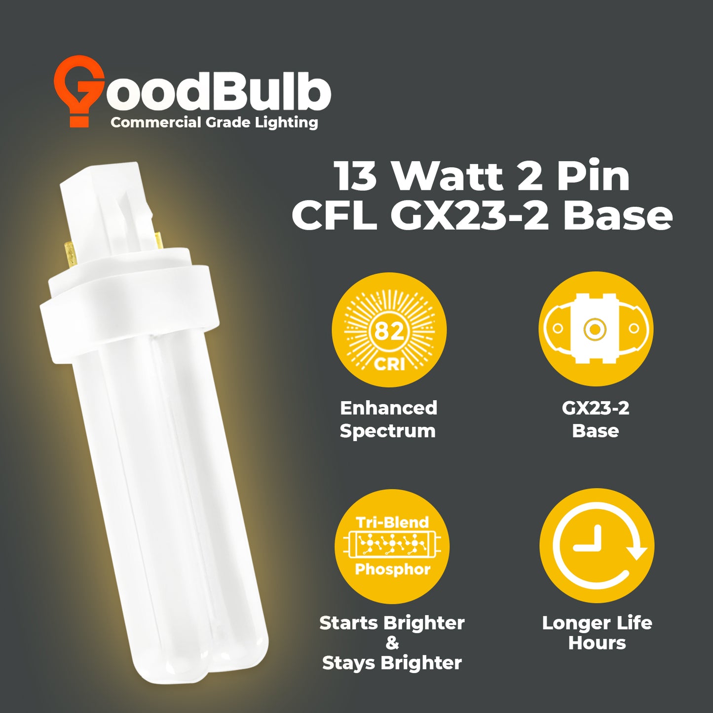 benefits of CF13W/827/DT/2P compact fluorescent bulb features GX23-2 base, 780 lumens, 2700K soft white