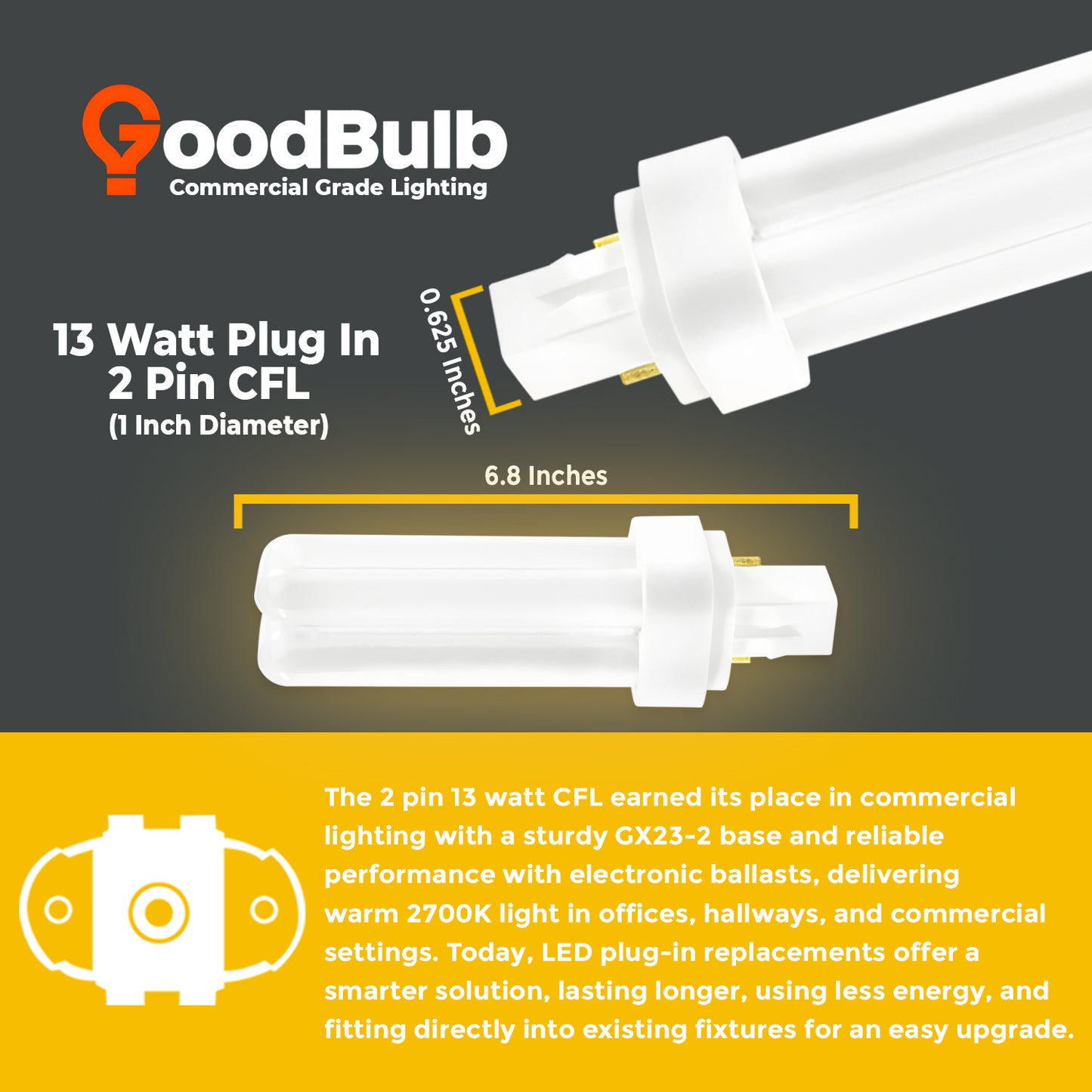 CF13W/827/DT/2P 13W compact fluorescent lamp with GX23-2 base showing bulb dimensions and size