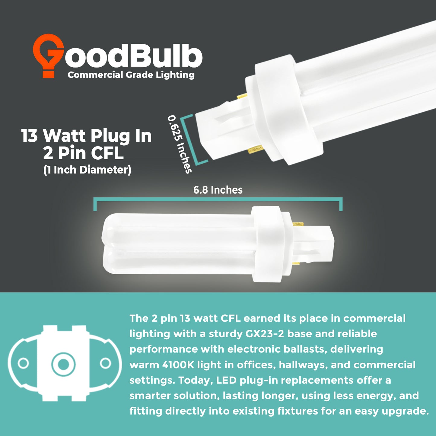 CF13W/841/DT/2P compact fluorescent bulb dimensions 13 watt GX23-2 base plug-in CFL size chart