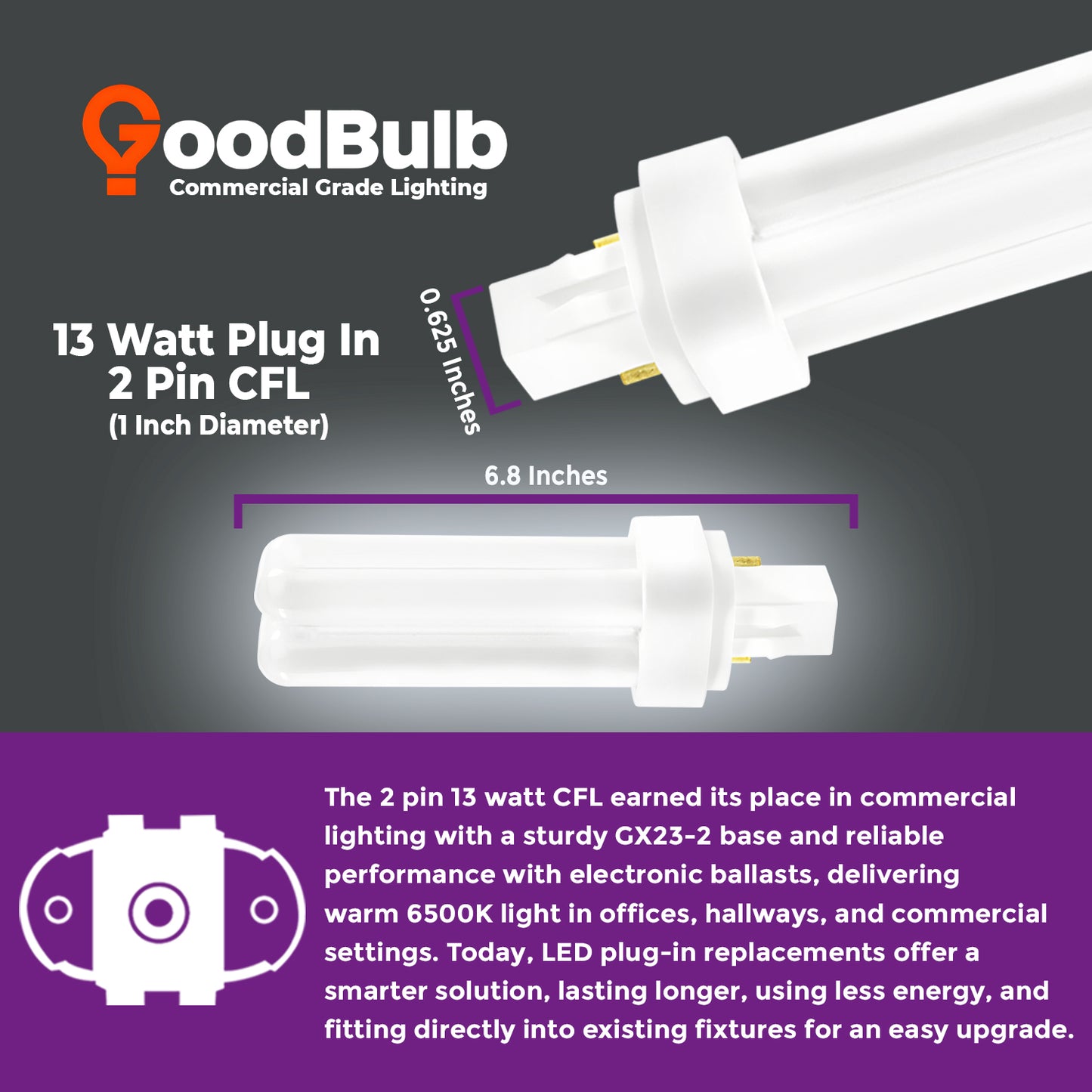 CF13W/865/DT/2P incandescent bulb product dimensions with length and width measurements