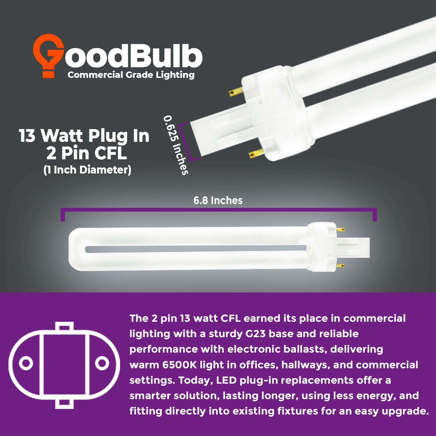 CF13W/865/ST/2P GX23 LED retrofit bulb with measurements, 13W 2-pin plug-in size dimensions