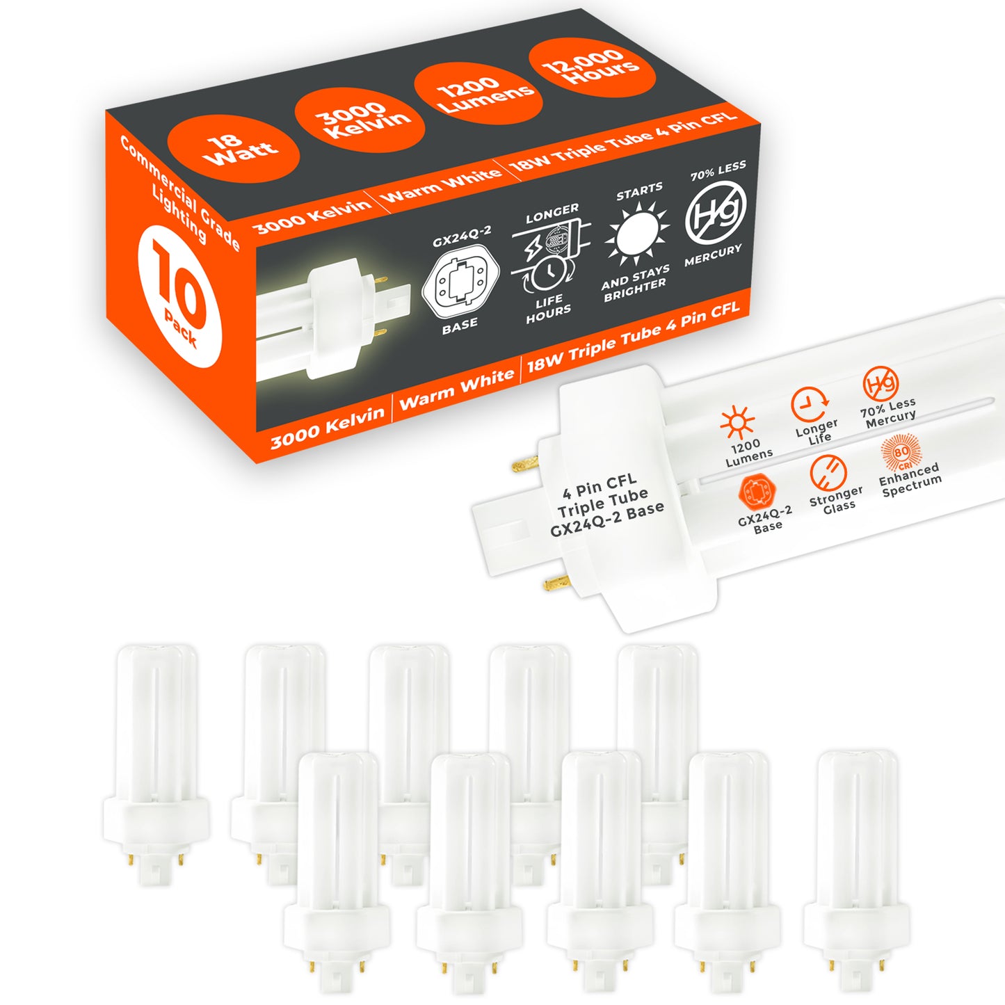 Side view of CF18W/830/TT/4P triple tube compact fluorescent bulb with 4-pin base connector