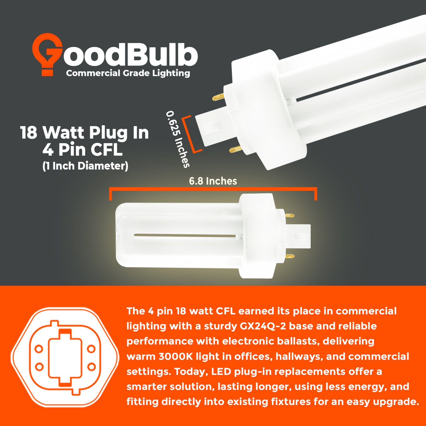 CF18W/830/TT/4P compact fluorescent bulb showing product dimensions for length and width