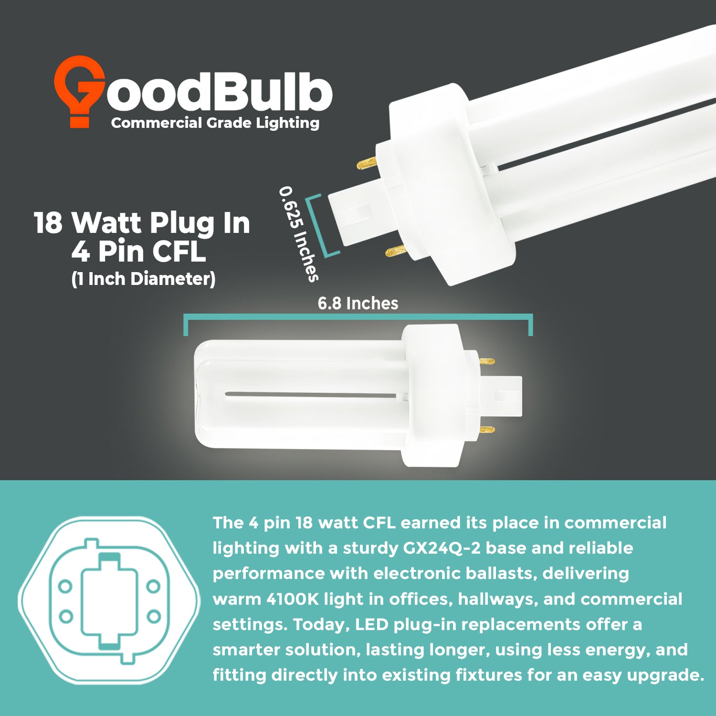 CF18W/841/TT/4P compact fluorescent bulb with detailed dimensions including length and width
