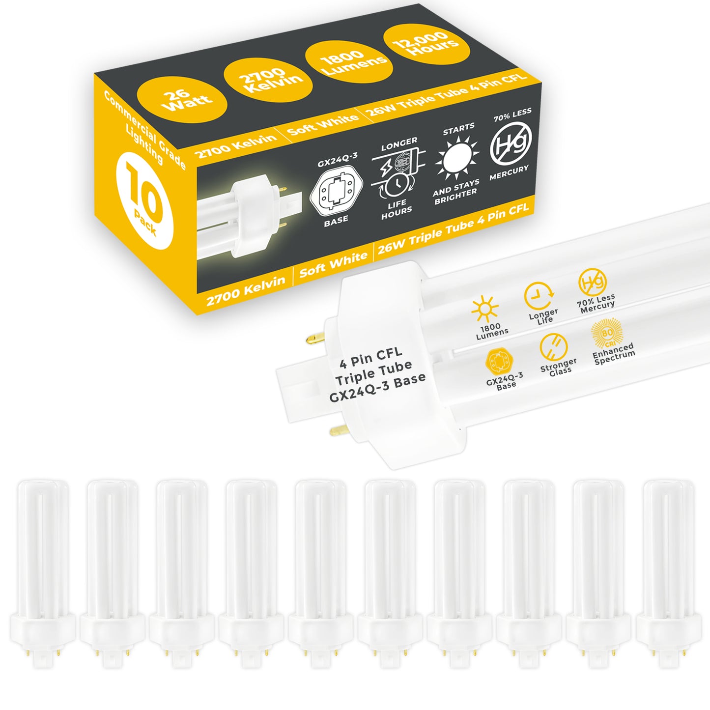 Side view of CF26W/827/TT/4P triple tube 26W compact fluorescent bulb with 4-pin connector