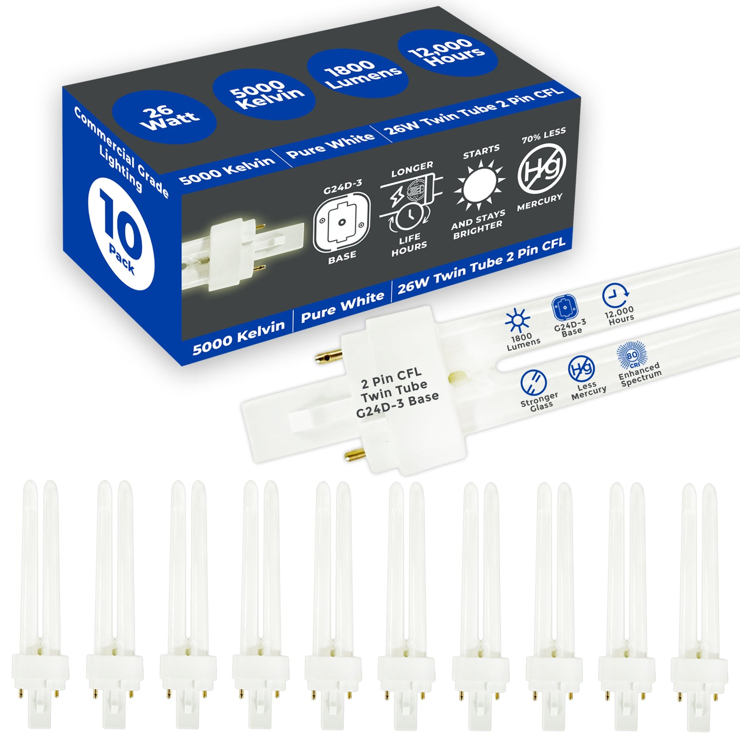 Side view of CF26W/850/DT/2P 26-watt CFL double tube bulb – 2-pin plug-in base – 5000K daylight white light
