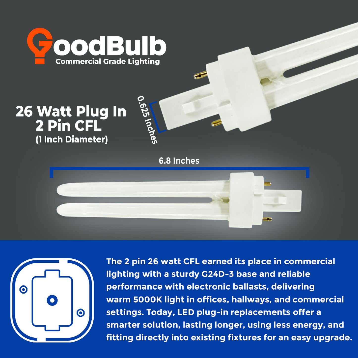 Dimensions diagram of CF26W/850/DT/2P 26W compact fluorescent double tube bulb with 2-pin base