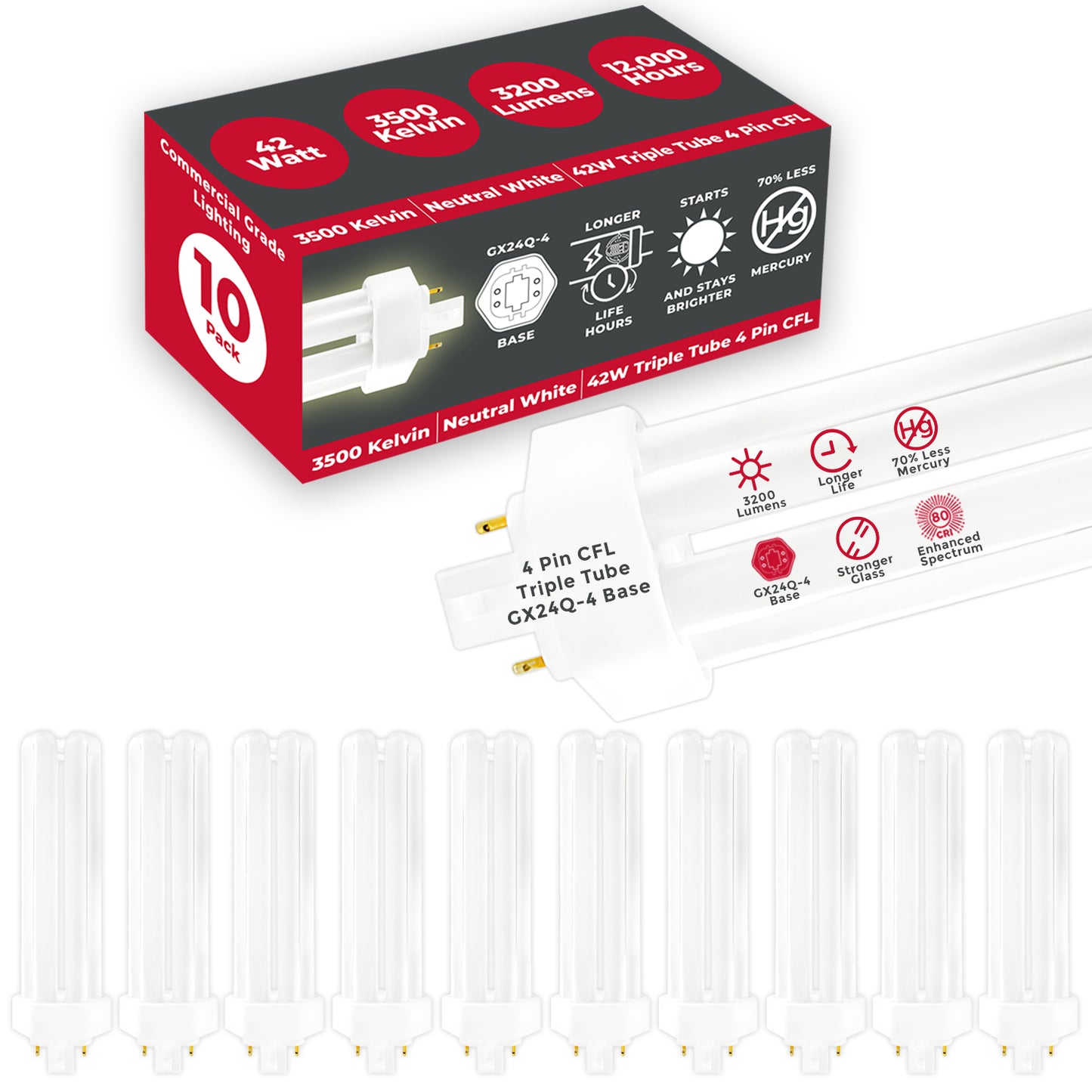 Side view of CF42W/835/TT/4P 42-watt triple tube CFL plug-in bulb – G24q-4 base 3500K neutral white light