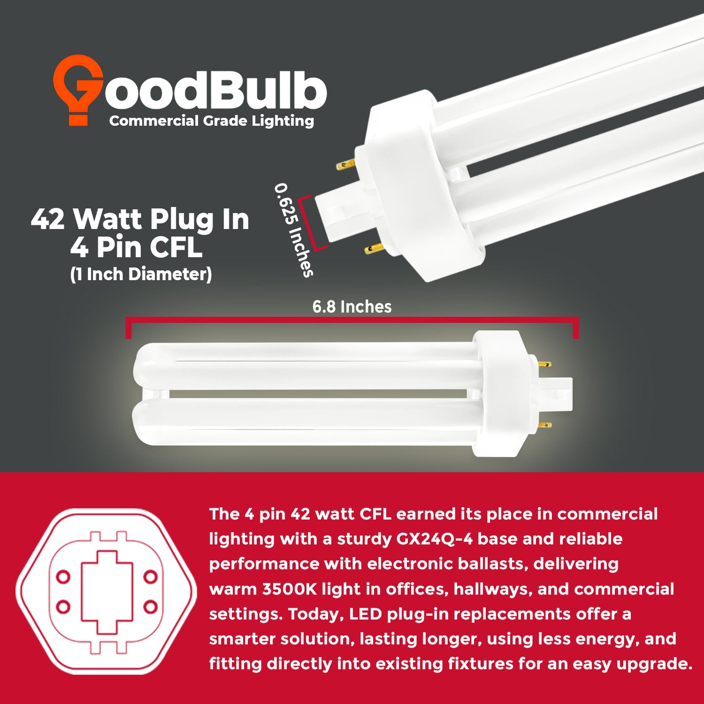 Dimensions diagram of CF42W/835/TT/4P 42W triple tube compact fluorescent plug-in bulb with 4-pin G24q-4 base