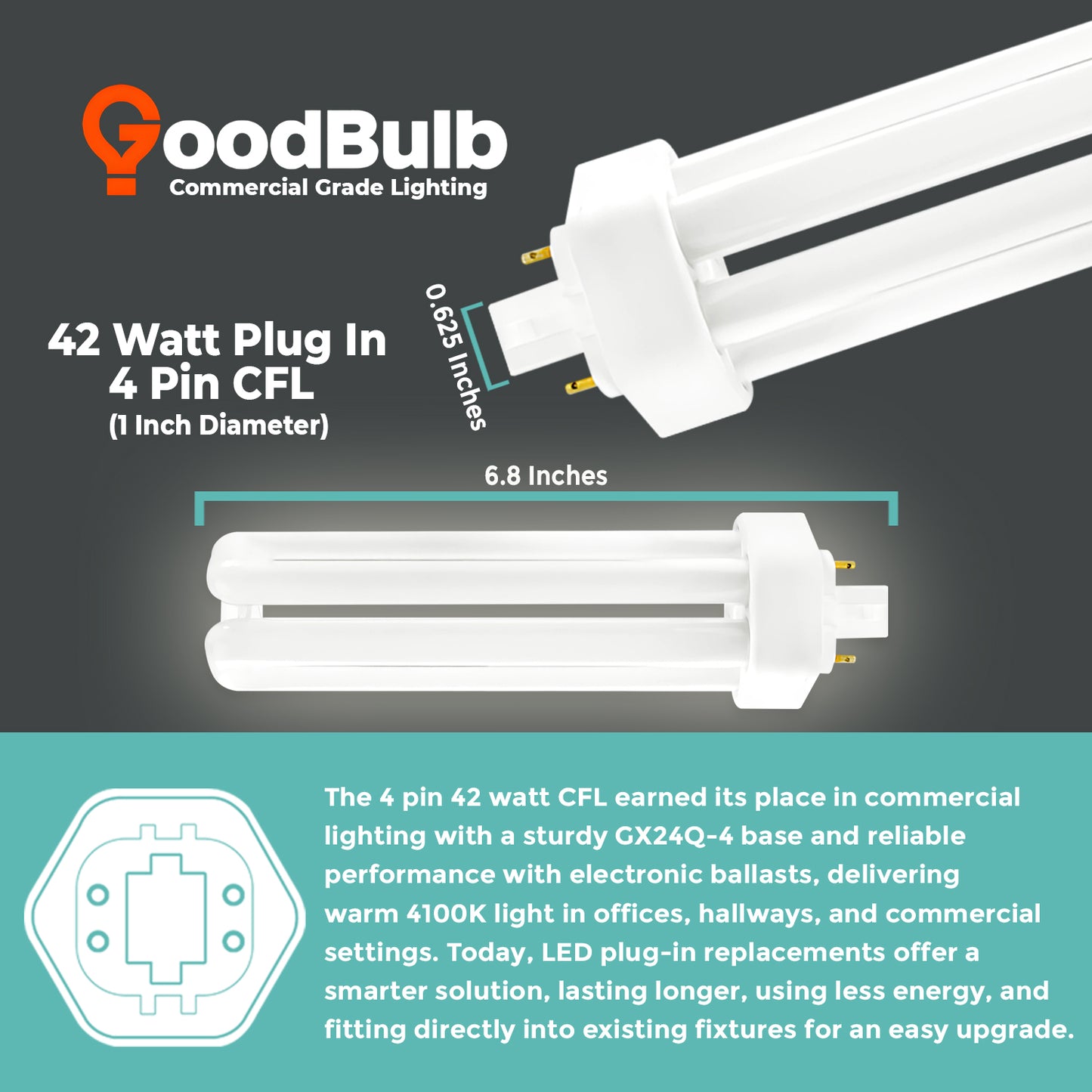 Dimensions diagram of CF42W/841/TT/4P 42W triple tube compact fluorescent plug-in bulb with 4-pin G24q-4 base
