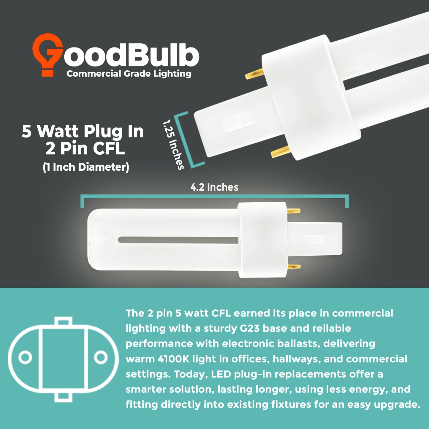 CF5W/841/ST/2P compact fluorescent lamp dimensions with G23 2-pin base