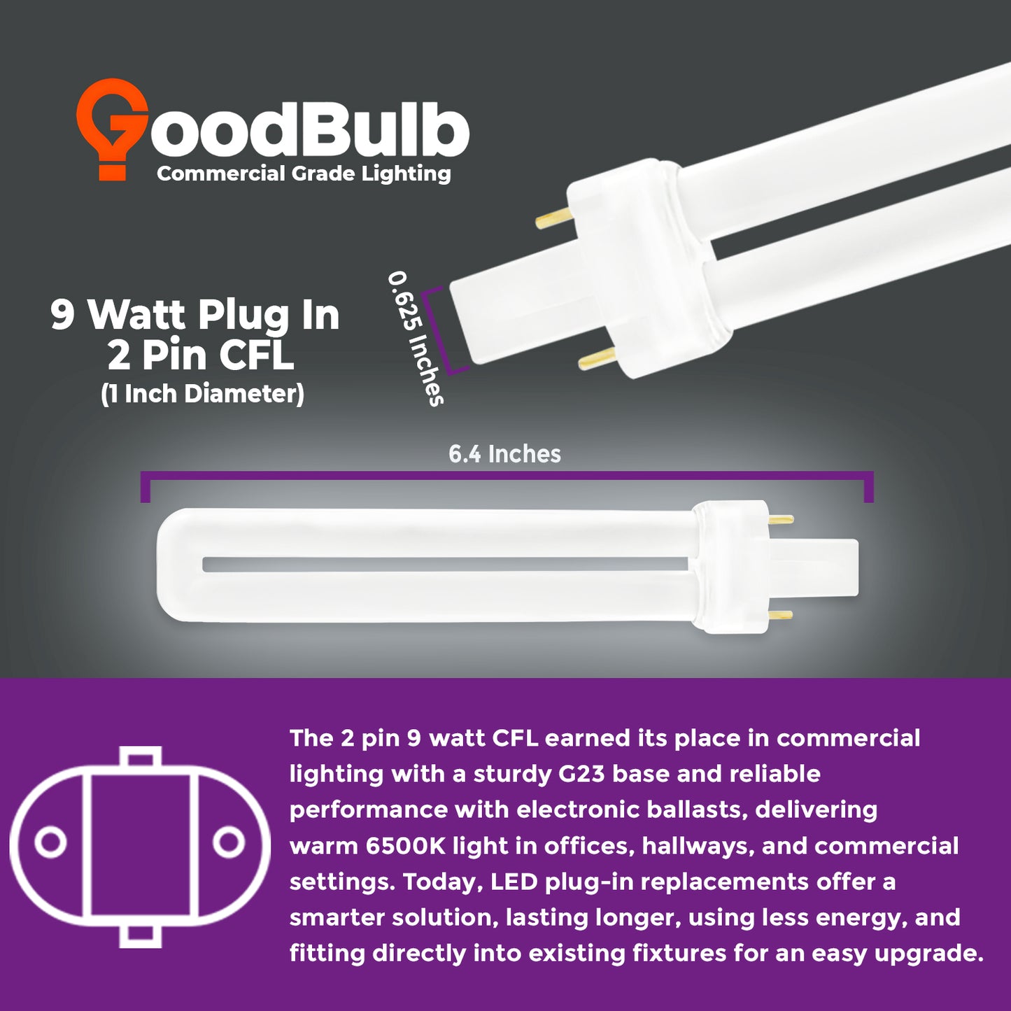 CF9W/865 9W Compact Fluorescent Plug-In Bulb with G23 Base size and lamp dimensions chart