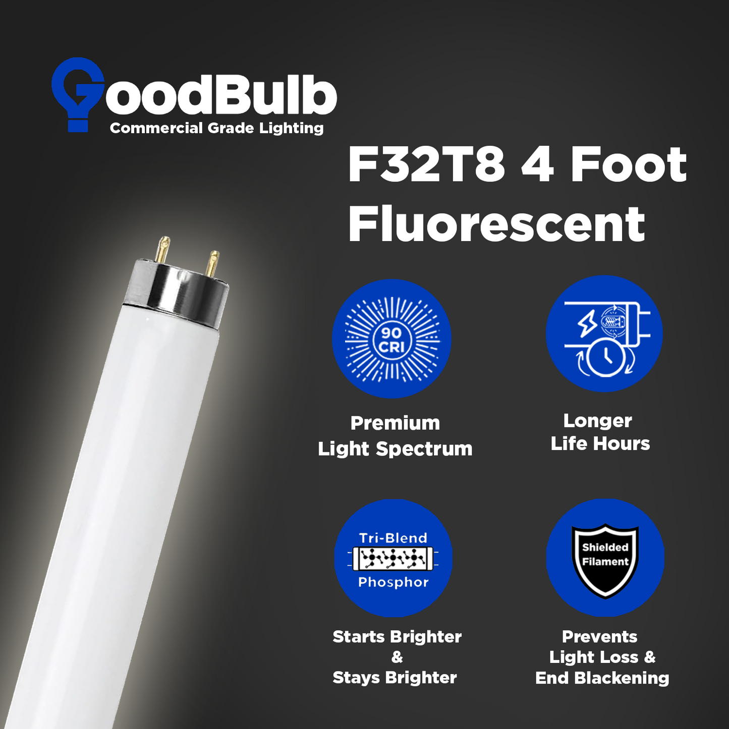F32T8/950 - 32 Watt 48 Inch T8 Fluorescent Light Bulb - 5000K Pure White - 3050 Lumens - 24,000 Hours