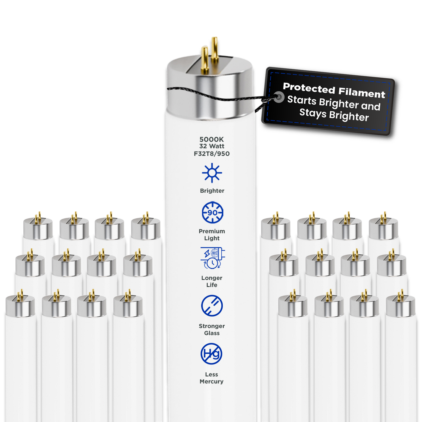 F32T8/950 - 32 Watt 48 Inch T8 Fluorescent Light Bulb - 5000K Pure White - 3050 Lumens - 24,000 Hours