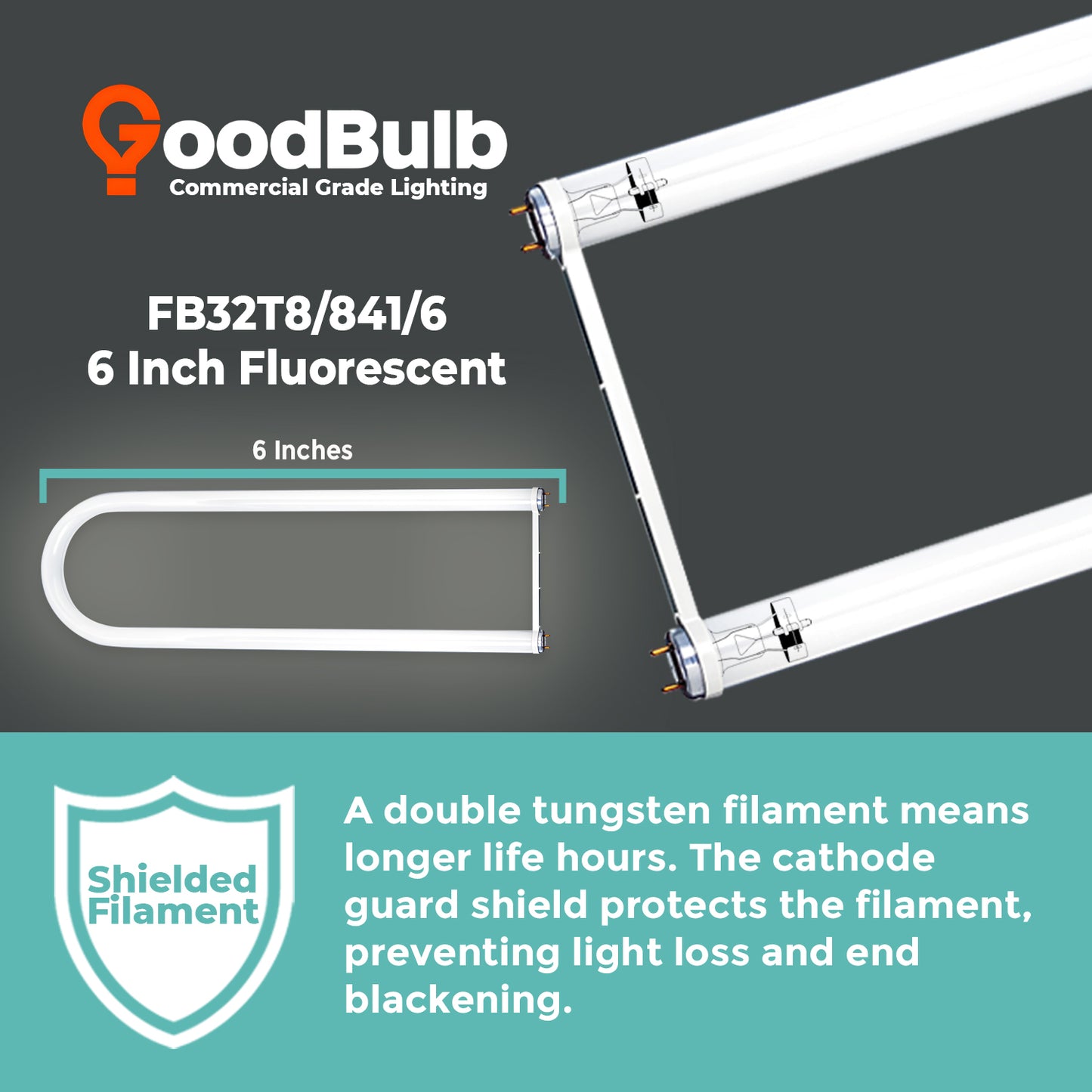 FB32T8/841/6 U-Bend fluorescent tube size guide with length, bend radius, and socket spacing
