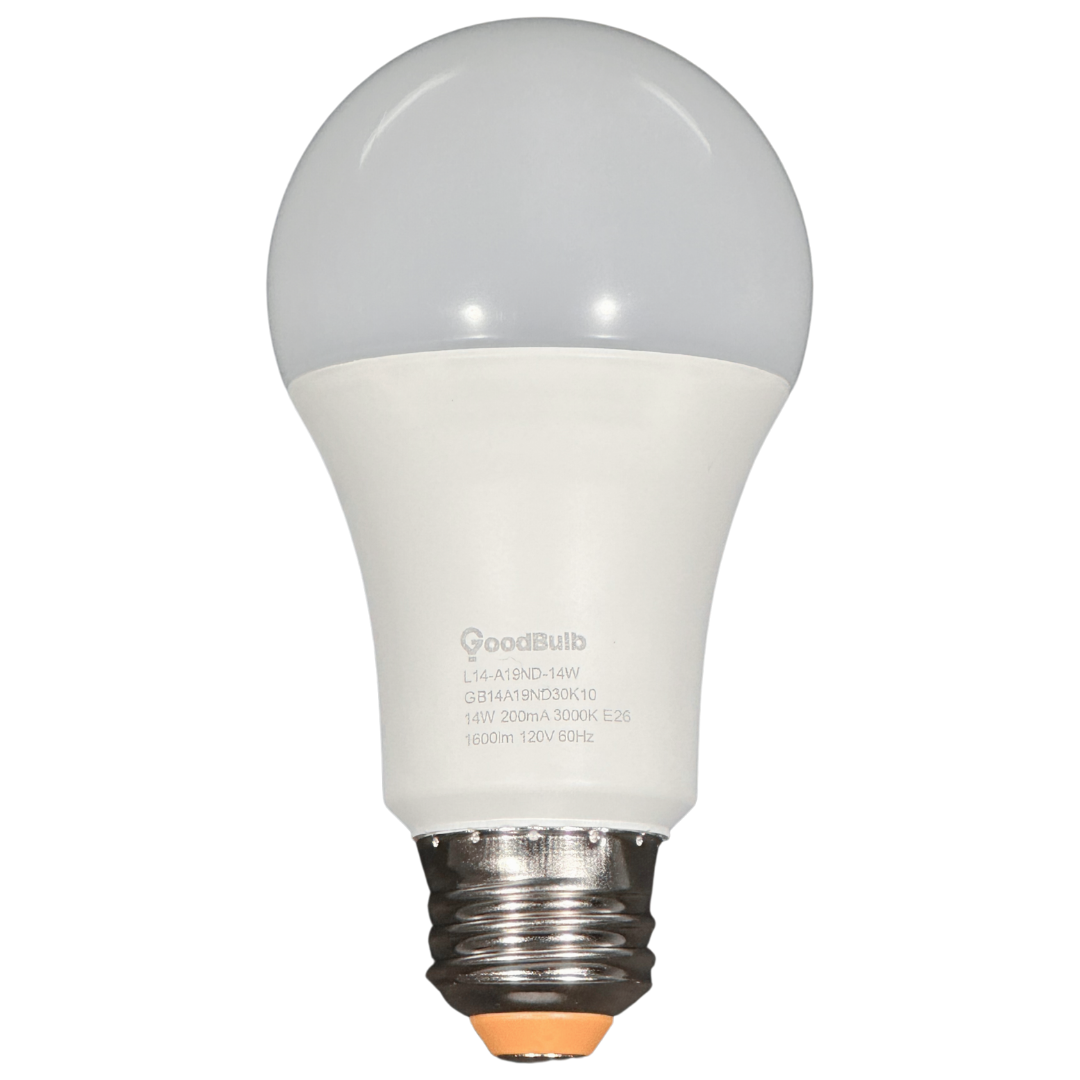 GoodBulb 14 Watt Rugged condition LED A19. 3000K is a warm, comfortable spectrum of light.