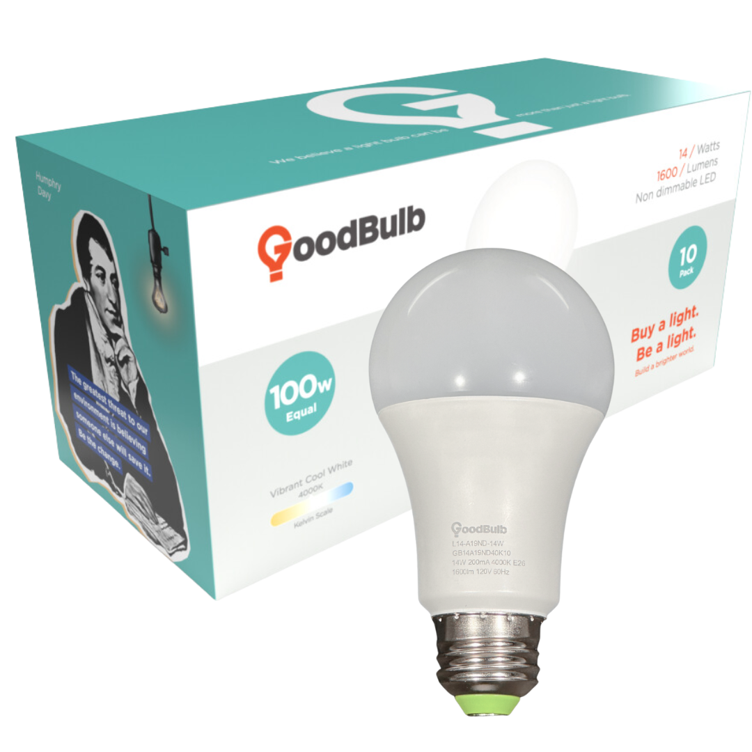 14 Watt Rugged condition LED A19 with box displaying. 4000K LEDs cast the neutral spectrum of an early afternoon sunrise.