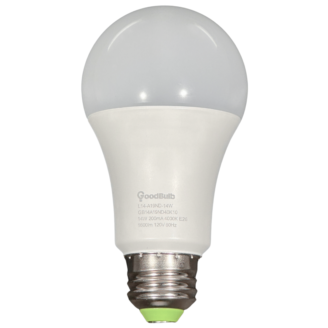 GoodBulb 14 Watt Rugged condition LED A19. 4000K LEDs cast the neutral spectrum of an early afternoon sunrise.