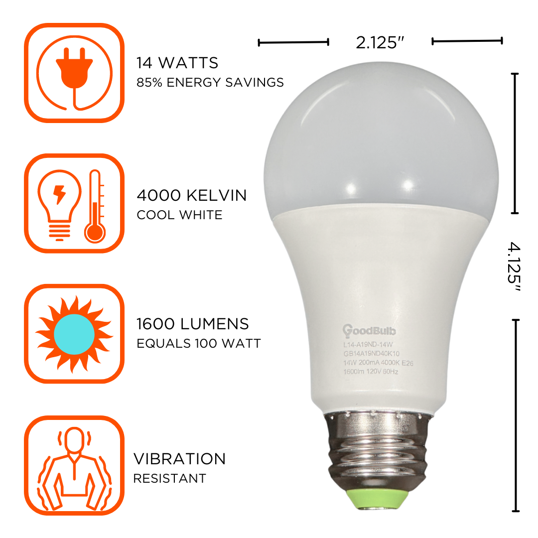 14 Watt Rugged condition LED A19, 1600 lumens and vibration resistant. 4000K LEDs cast the neutral spectrum of an early afternoon sunrise.