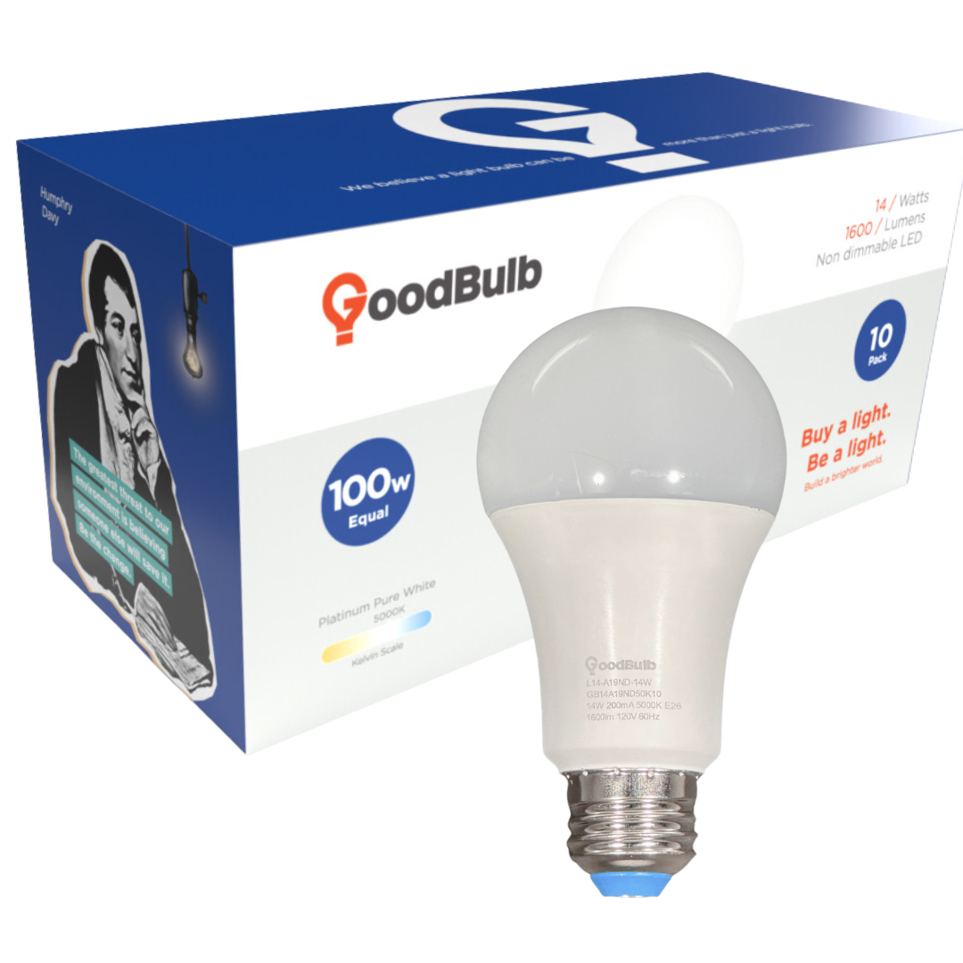 GoodBulb 14 Watt Rugged condition LED A19 showing box. 5000 kelvin is the pure white spectrum of light that mirrors the noonday sun.