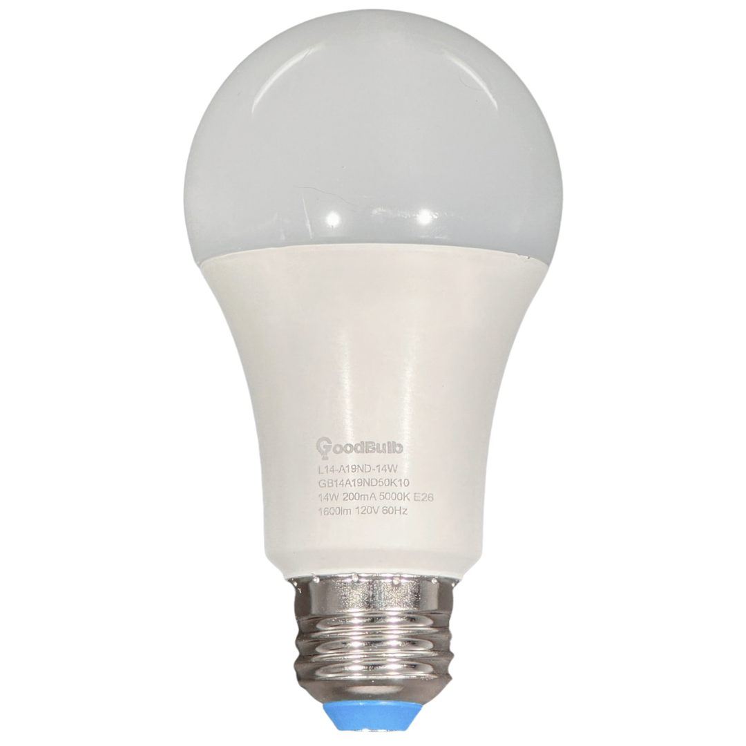 GoodBulb 14 Watt Rugged condition LED A19. 5000 kelvin is the pure white spectrum of light that mirrors the noonday sun.