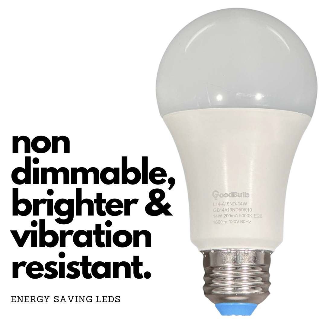 14 Watt Rugged condition LED A19, non dimmable. 5000 kelvin is the pure white spectrum of light that mirrors the noonday sun.