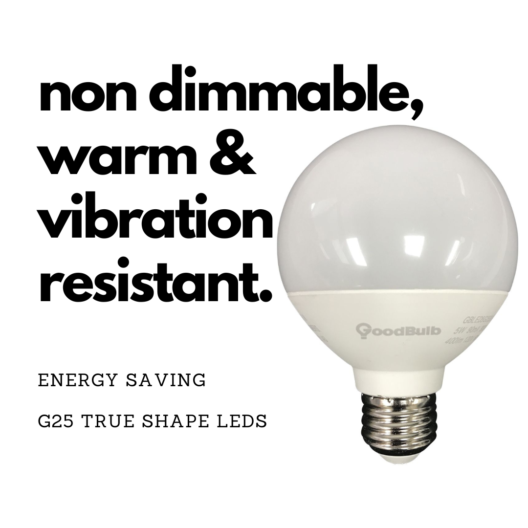 Wide beam globe LED light bulb with a warm sunset illumination. Not dimmable and is resisted to vibration.