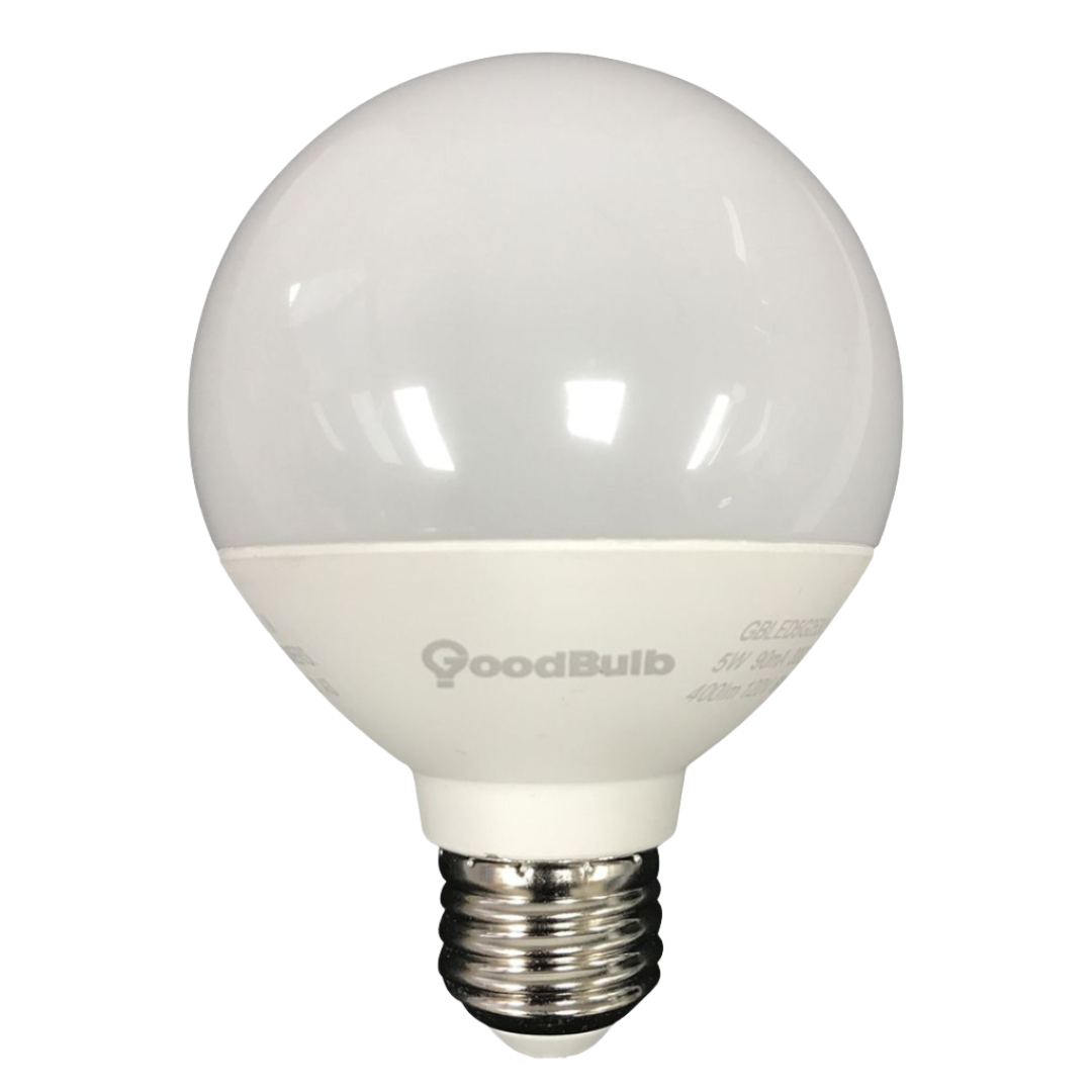 GoodBulb's wide beam globe LED light bulb with a platinum white light
