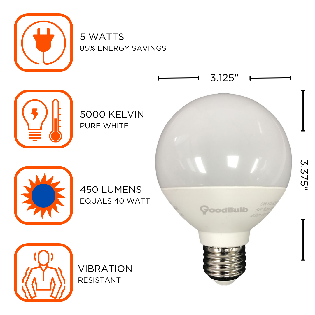 Wide beam globe LED light bulb with a platinum white light that is vibration resistant
