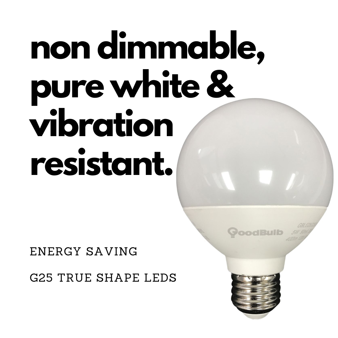 Non-dimmable wide beam globe LED light bulb with a platinum white light.
