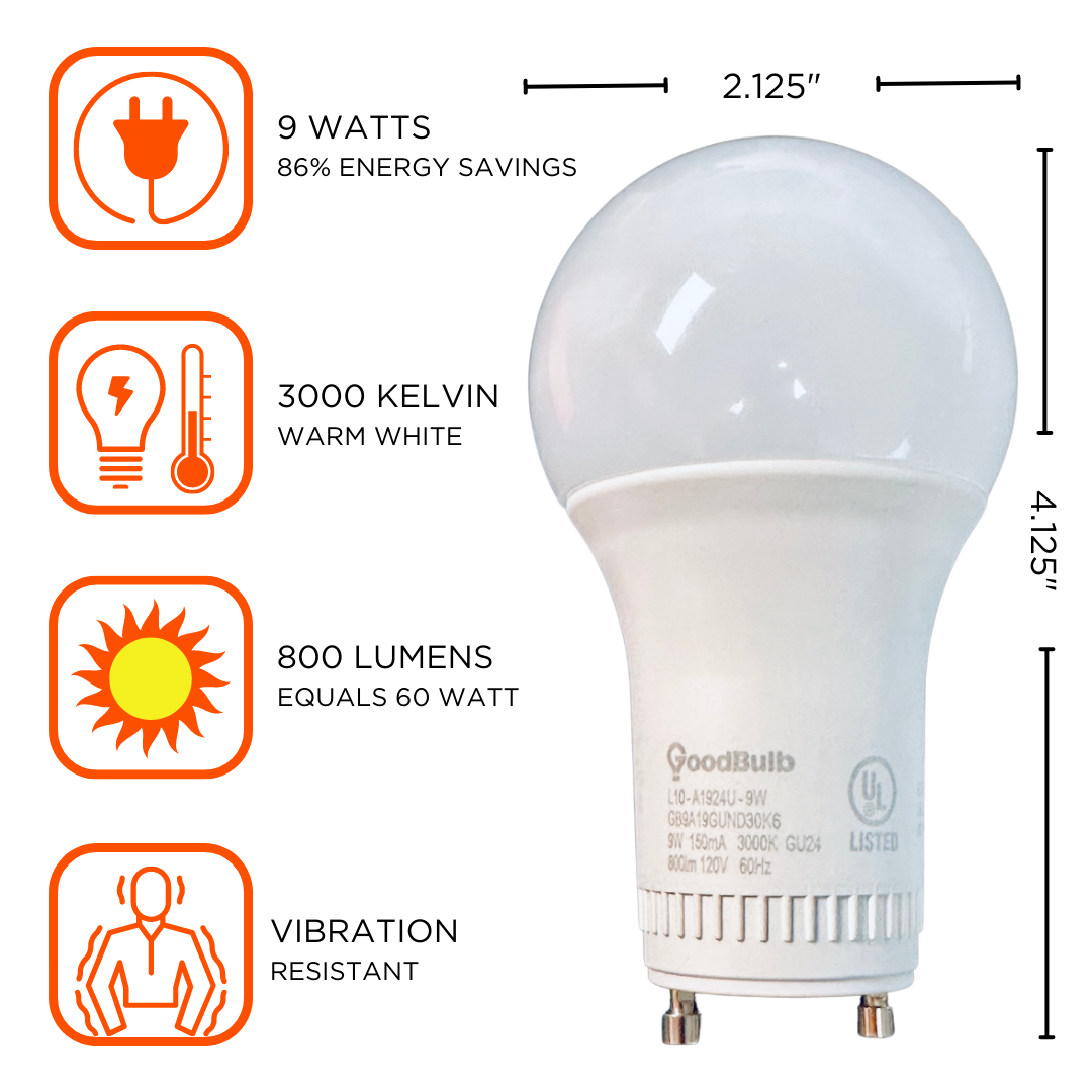 9 watt GU24 LED A19 Rough service long-life LEDs. 3000K is a warm, comfortable spectrum of light with 800 lumens.