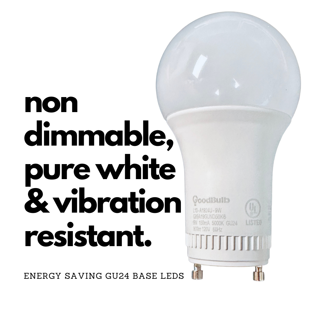 9 watt GU24 LED A19 Rough service long-life LEDs. 5000K is a platinum white spectrum of light.