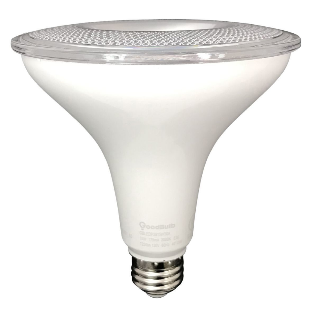 GoodBulb Indoor & outdoor rated PAR38 LED with clean, brilliant, white 5000K spectrum from the noonday sun. 25,000 Hours and Dimmable.