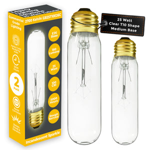 25T10/CL/E26 - 25 Watt - Clear T10 Tubular Incandescent - E26 Brass Base - 120 Volt - 5000 Hours