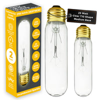 25T10/CL/E26 - 25 Watt - Clear T10 Tubular Incandescent - E26 Brass Base - 120 Volt - 5000 Hours