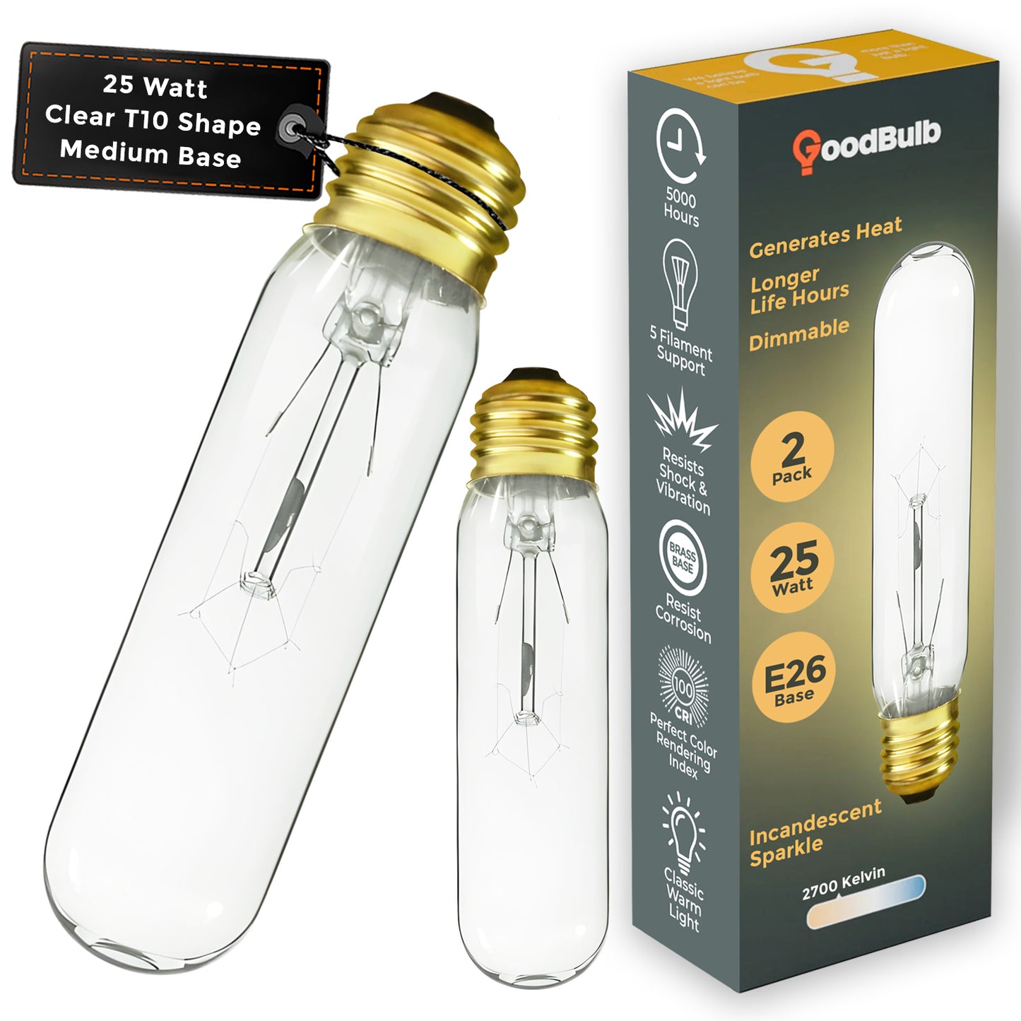 Side view of GB25T10E26C 25-watt clear T10 tubular incandescent light bulb