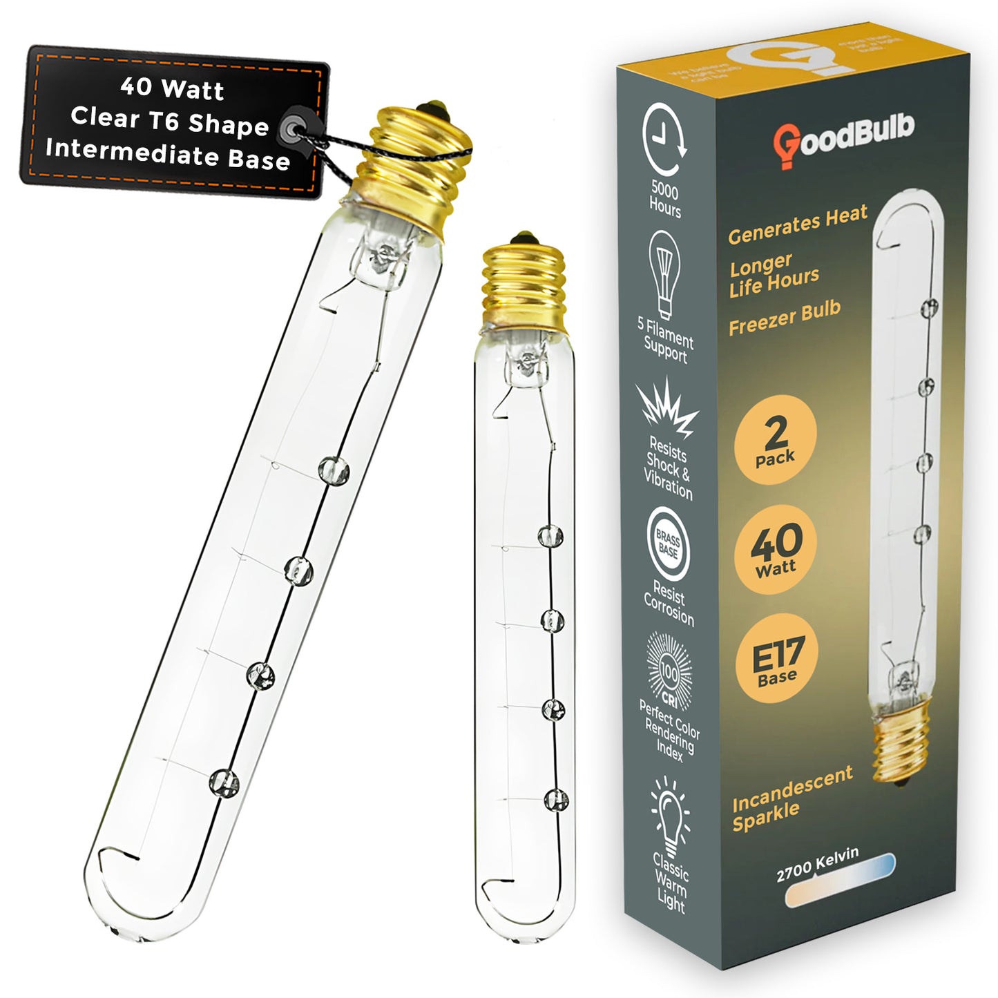 Side view of GB40WT6E17CL2 40-watt tubular T6 clear incandescent bulb with E17 base
