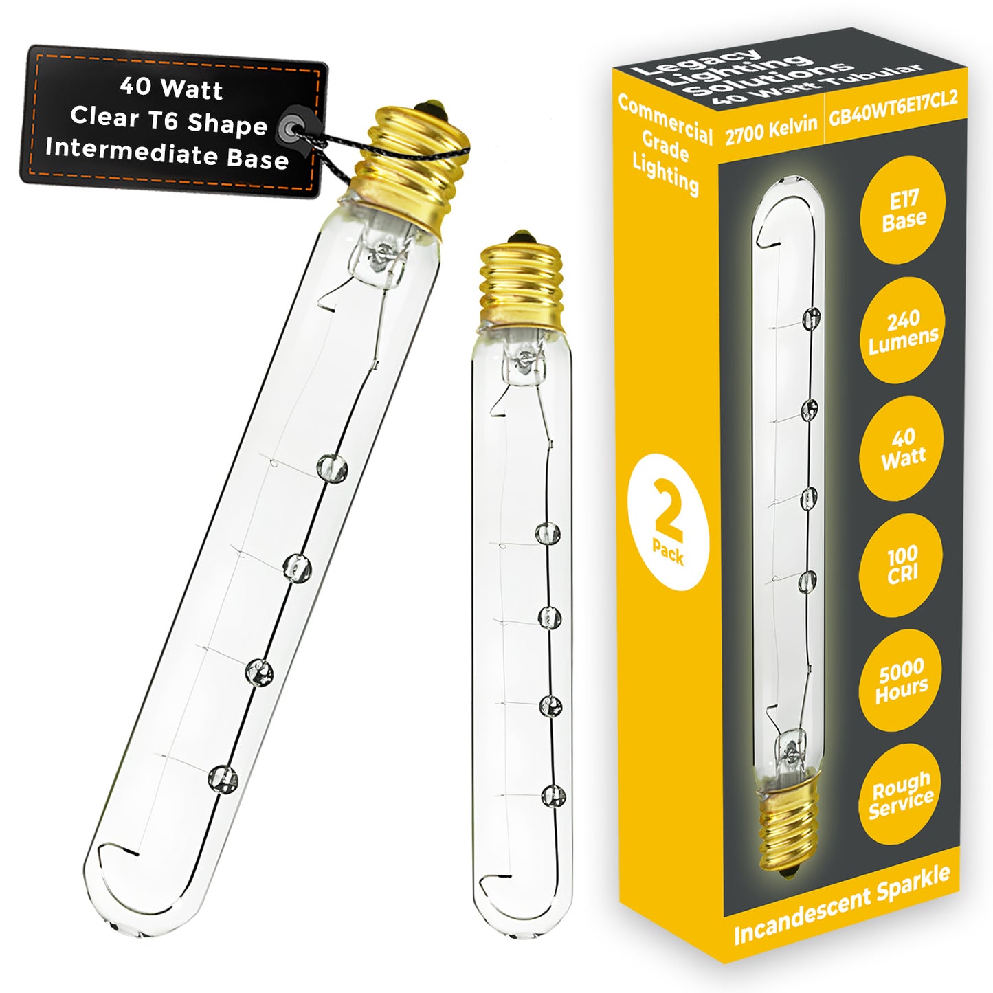 Side view of GB40WT6E17CL2 40-watt tubular T6 clear incandescent bulb with E17 base