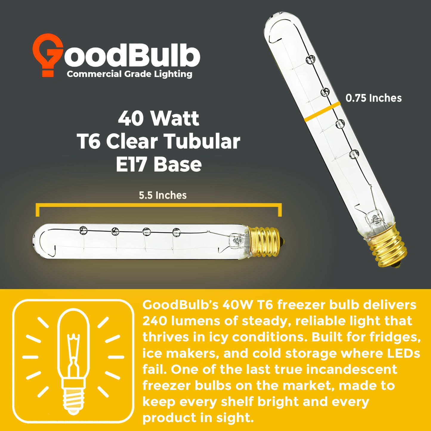 GB40WT6E17CL2 40W tubular T6 incandescent bulb dimensions ā E17 intermediate base