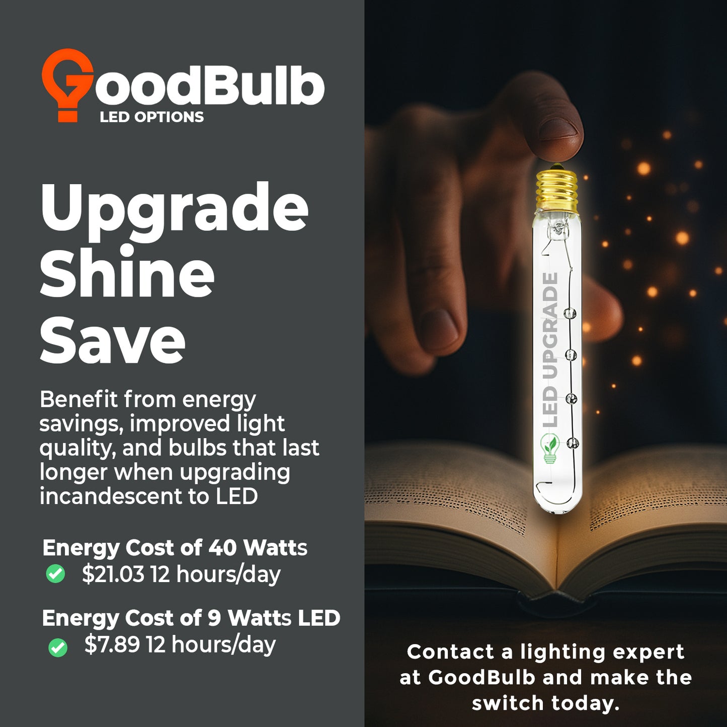 Energy savings comparison ā GB40WT6E17CL2 tubular T6 incandescent vs LED replacement bulb