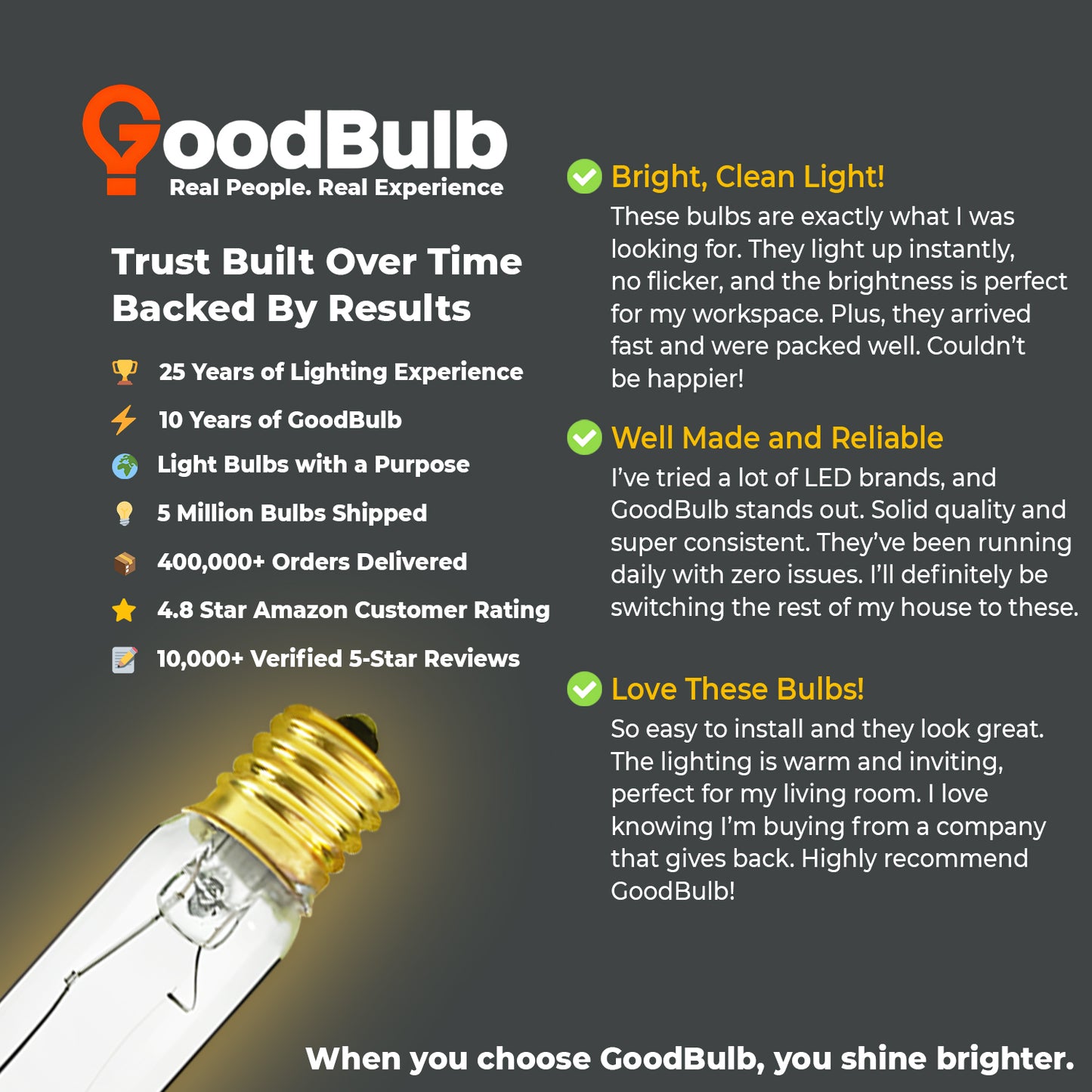 Positive testimonial on durability and warm glow of GB40WT6E17CL2 40W tubular T6 bulb