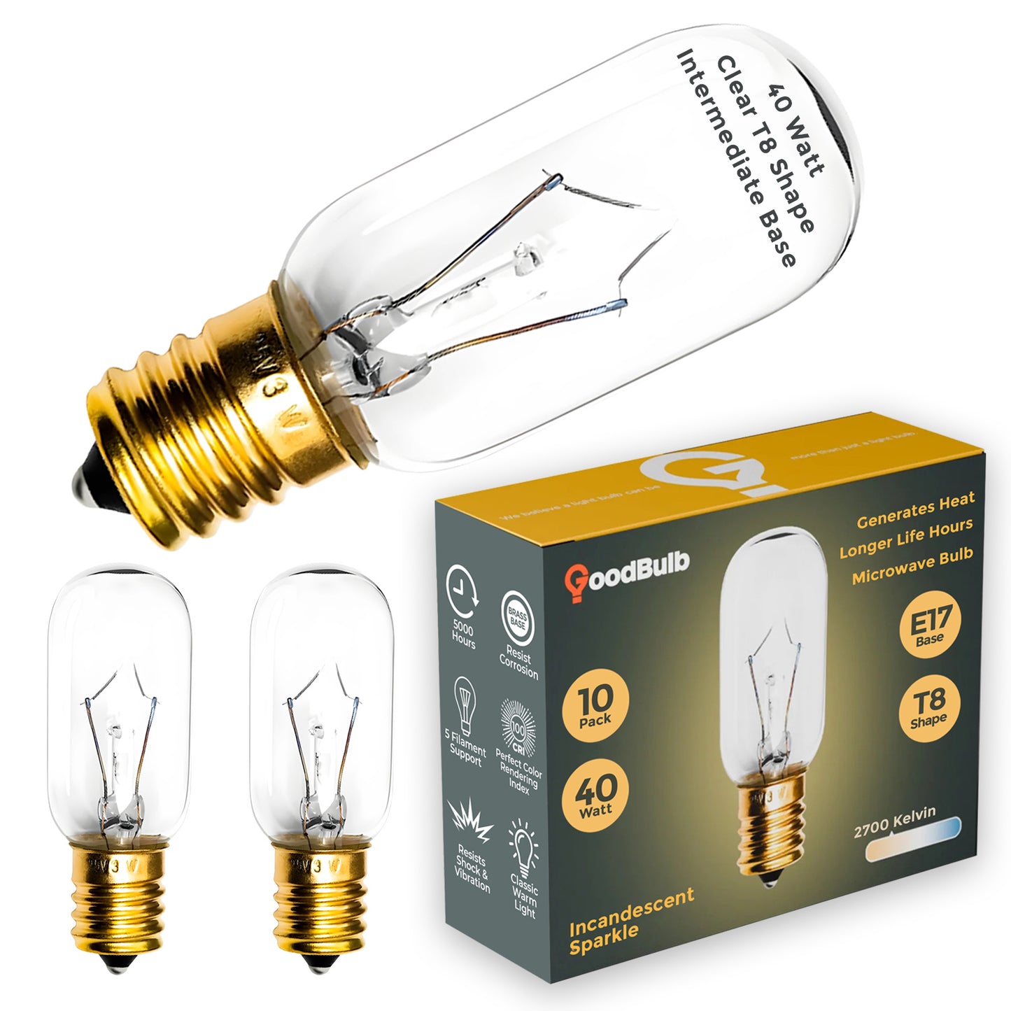 Side view of GB40WT8E17CL3 40-watt T8 tubular clear incandescent light bulb