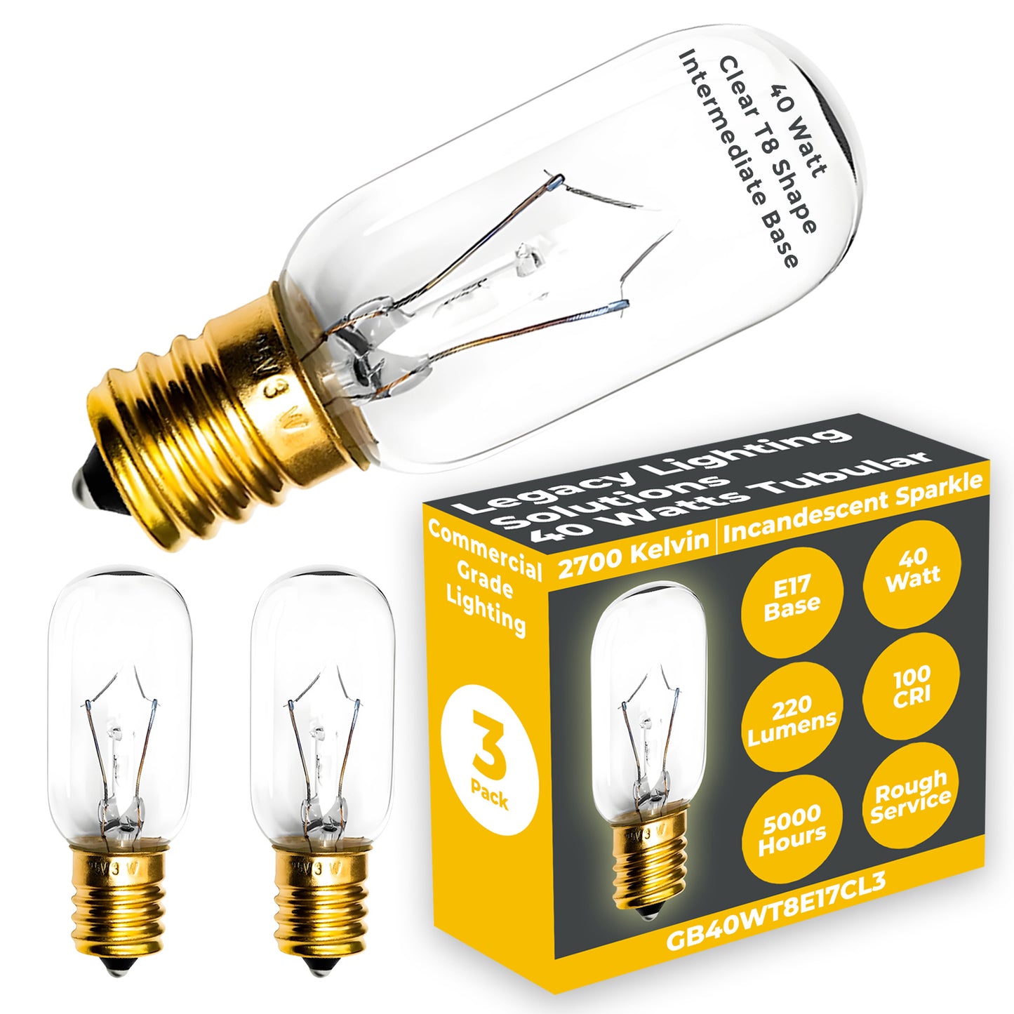Side view of GB40WT8E17CL3 40-watt T8 tubular clear incandescent light bulb