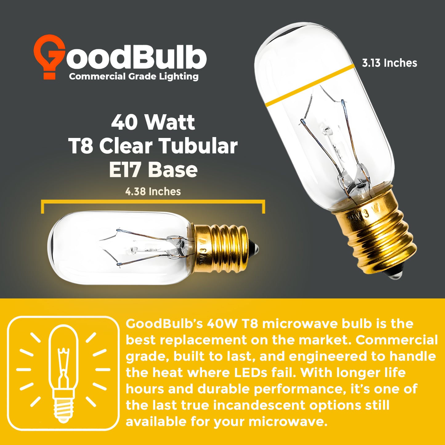 GB40WT8E17CL3 40W T8 tubular incandescent bulb dimensions ā E17 intermediate base