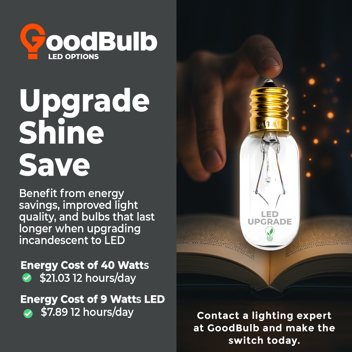 Cost savings comparison ā GB40WT8E17CL3 T8 incandescent bulb vs LED replacement