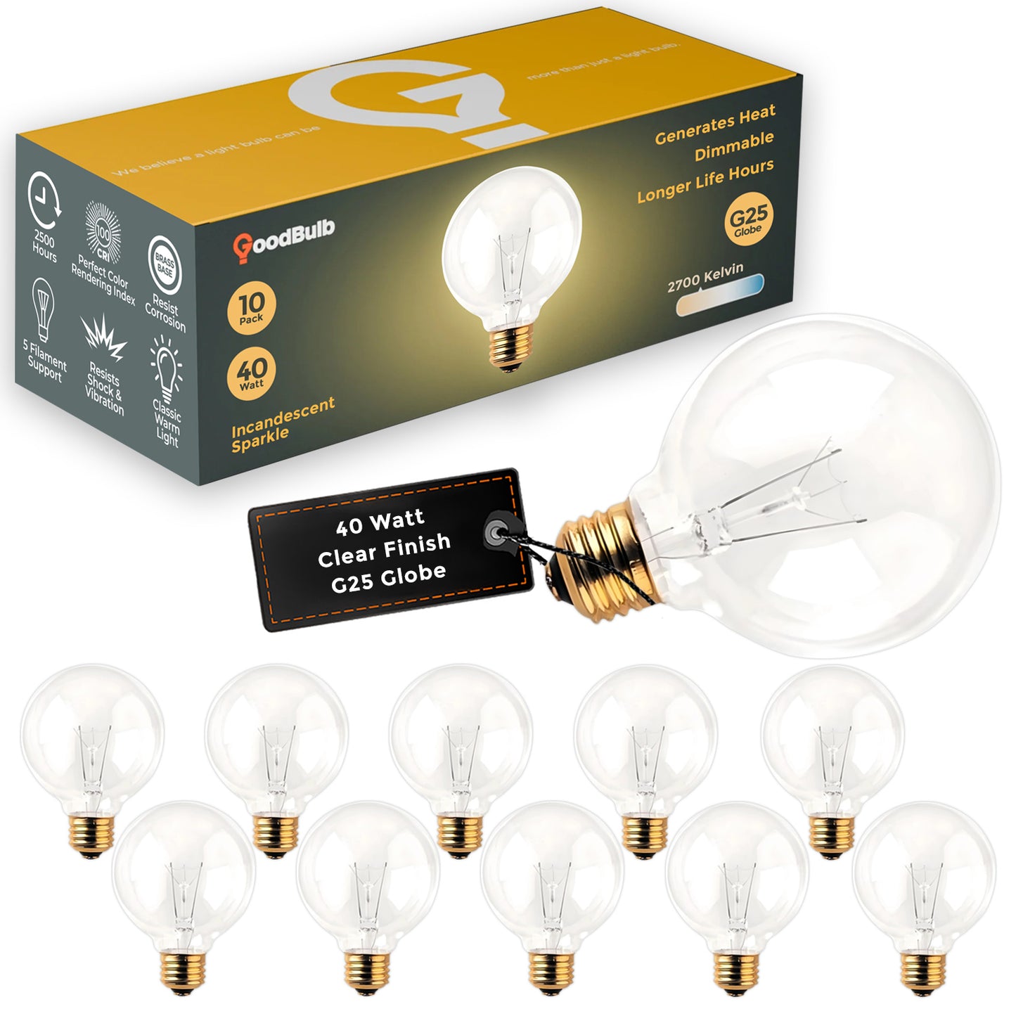 Side view of GB40G25E26C10 G25 40W incandescent clear globe bulb with E26 base